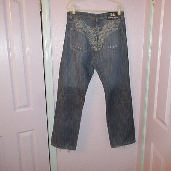 Y2K Brooklyn Express Baggy Jeans Size 38x32 Embroidered Eagle Biker Rock Grunge - Picture 1 of 12